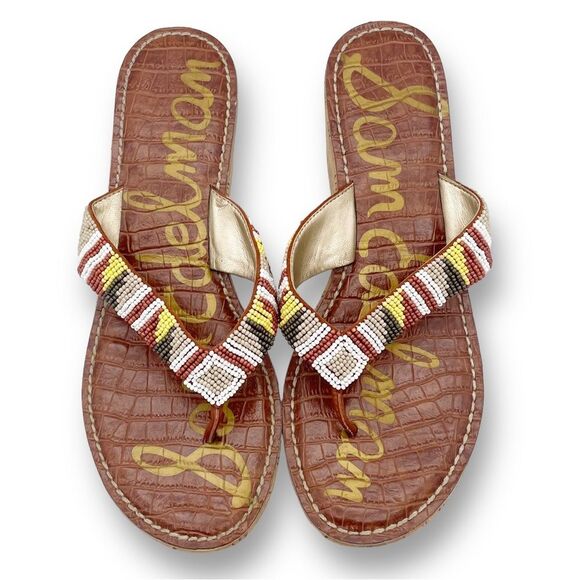 Sam Edelman Rosa Nude Ginger Beaded Thong Cork Wedge Sandal Flip Flop Size 8.5 - Picture 4 of 16